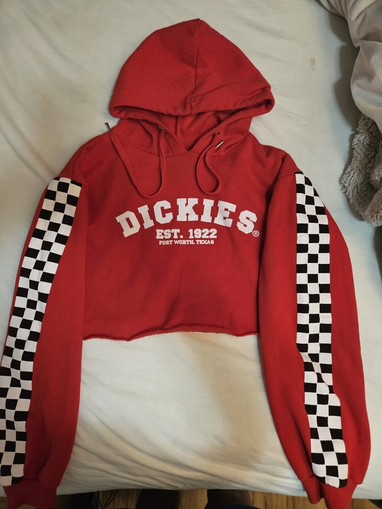 Dickies Sweaters - Dickies Red Cropped Hoodie with Checkerboard Sleeves
